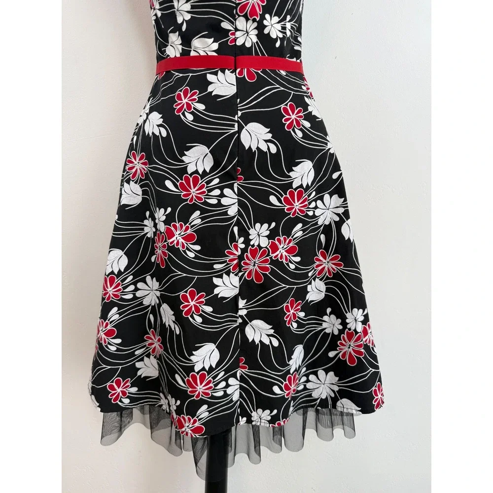 Rampage‎ Floral Halter Dress Red White Y2K Rockabilly Pinup Retro Tulle Sz 3 XS